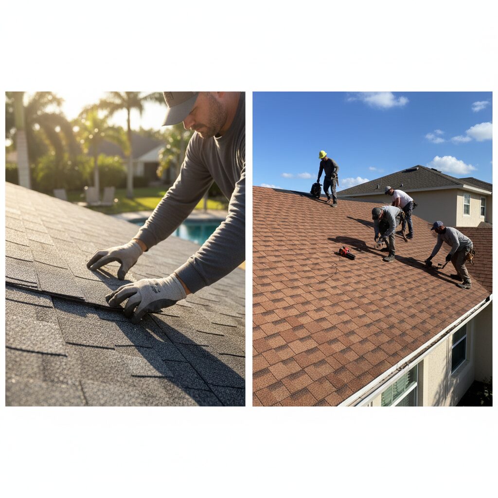 Roof repair vs roof replacement comparison on residential home