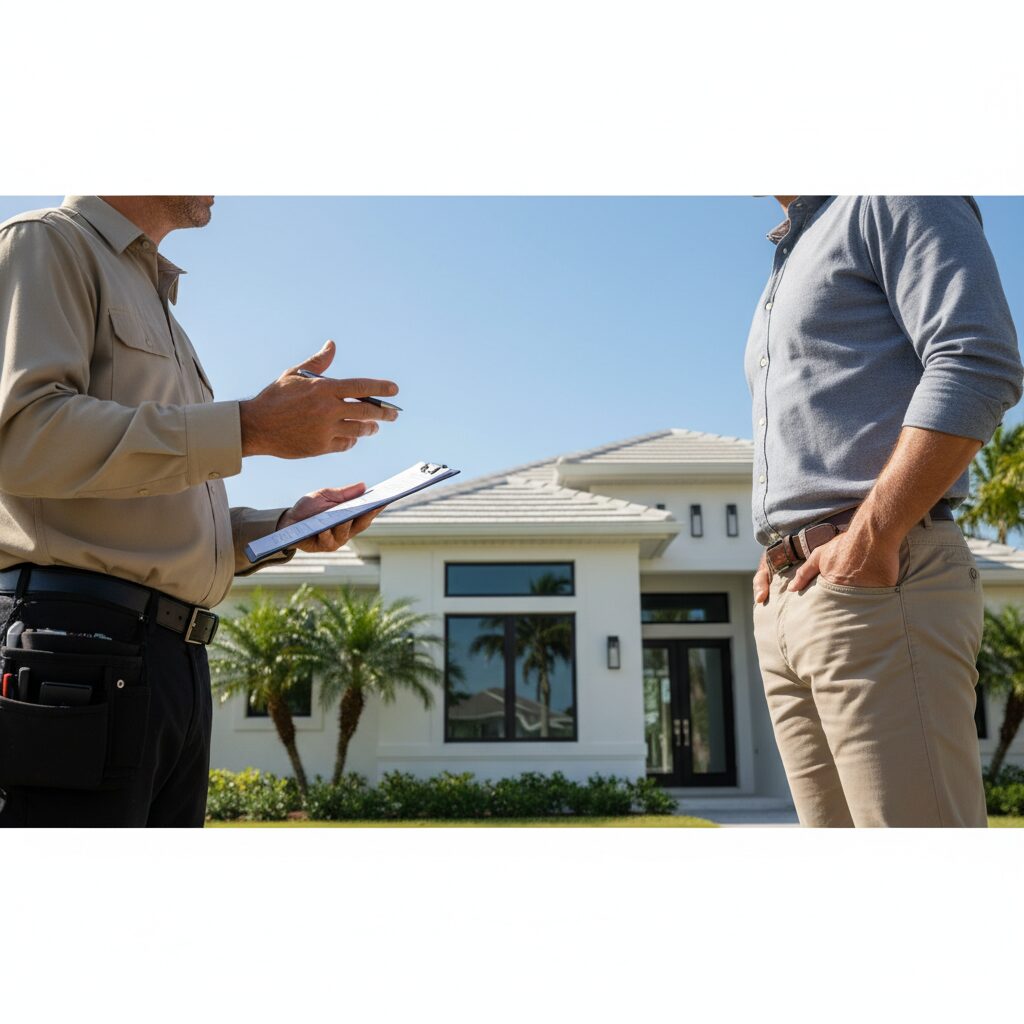 Homeowner asking a roofing contractor in Broward County about license, insurance, and project details before hiring